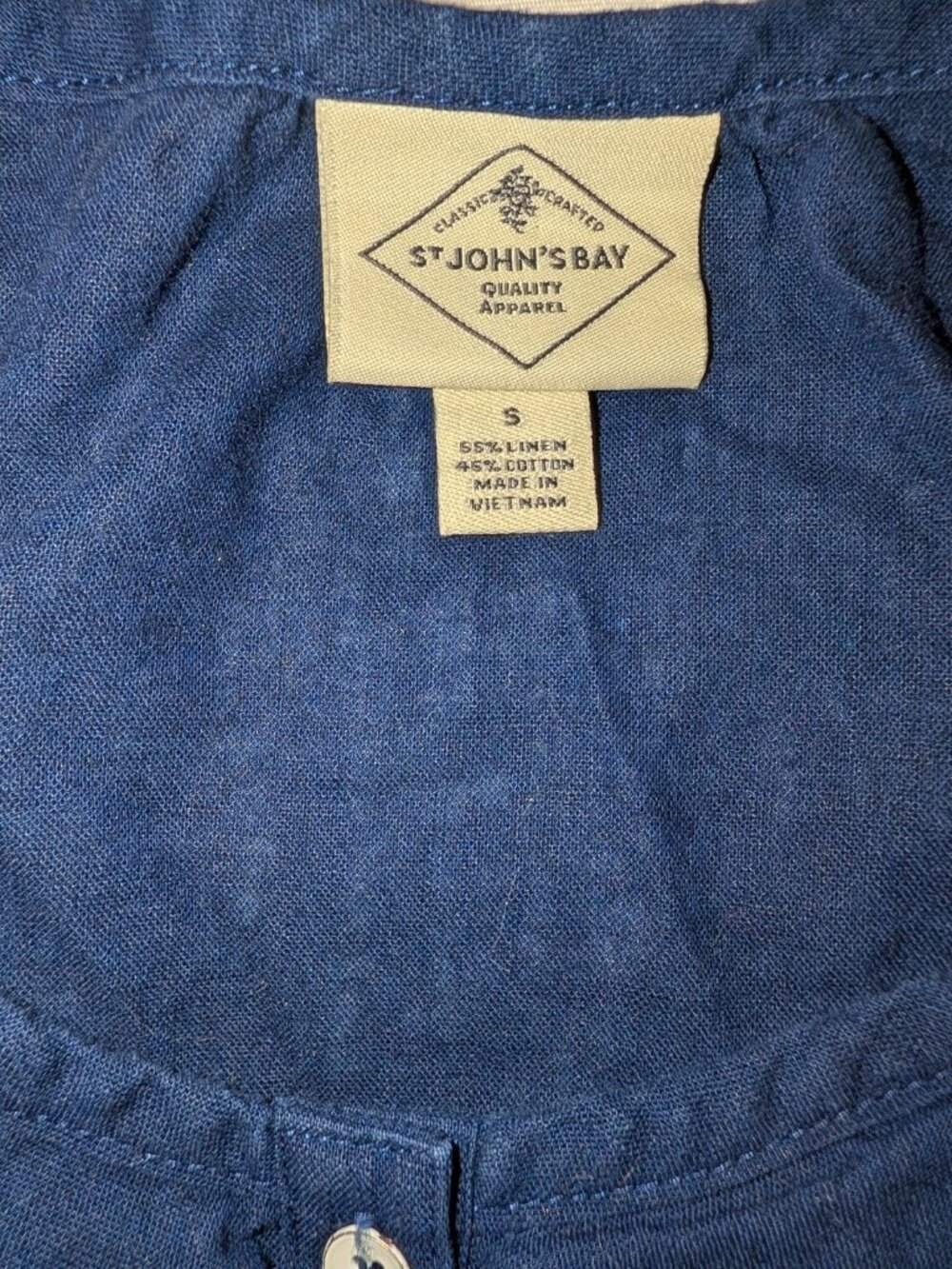 St. John's Bay Navy Blue Linen Cotton Blend Ruffle Button Down Blouse - Picture 4 of 6